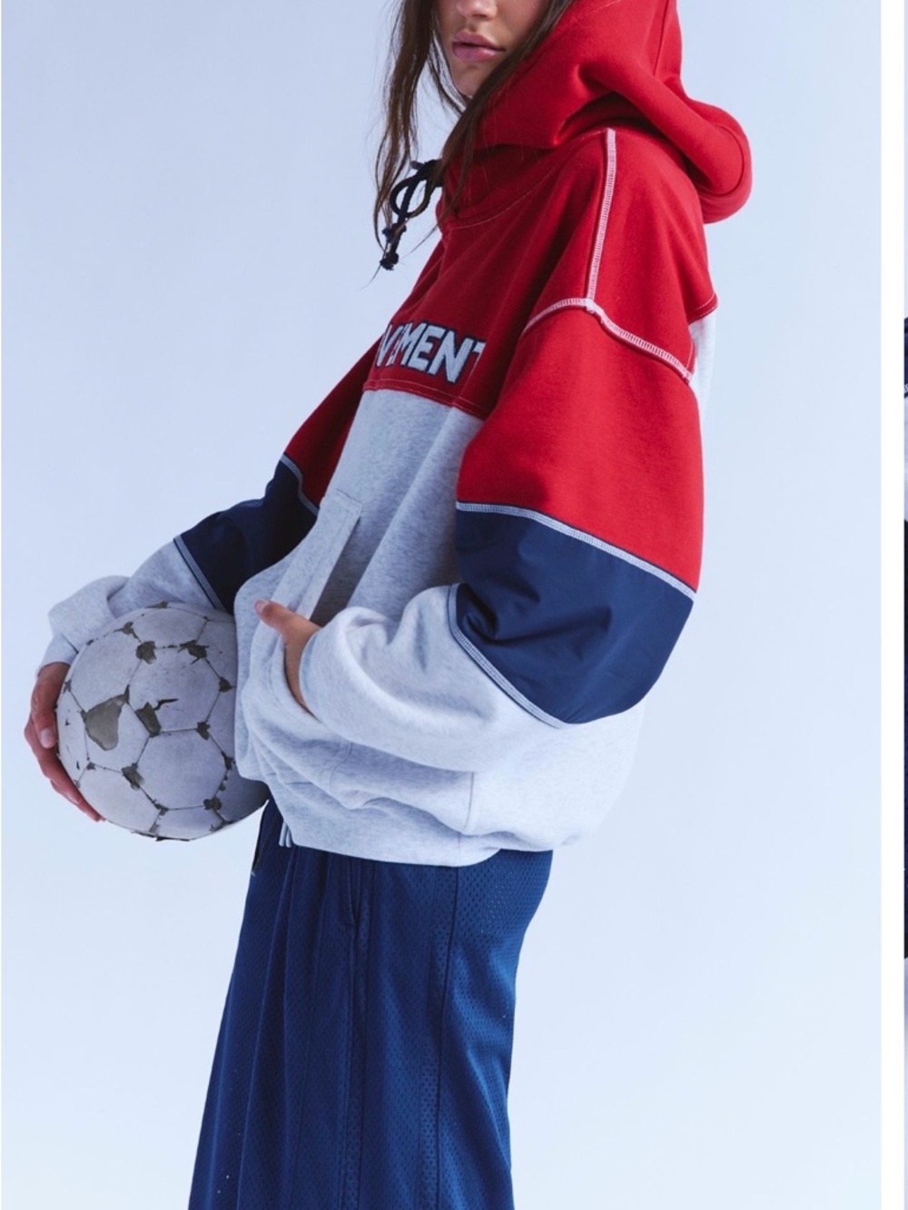 Free People Red Navy Gray Colorblock Hooded Bomber Sweatshirt